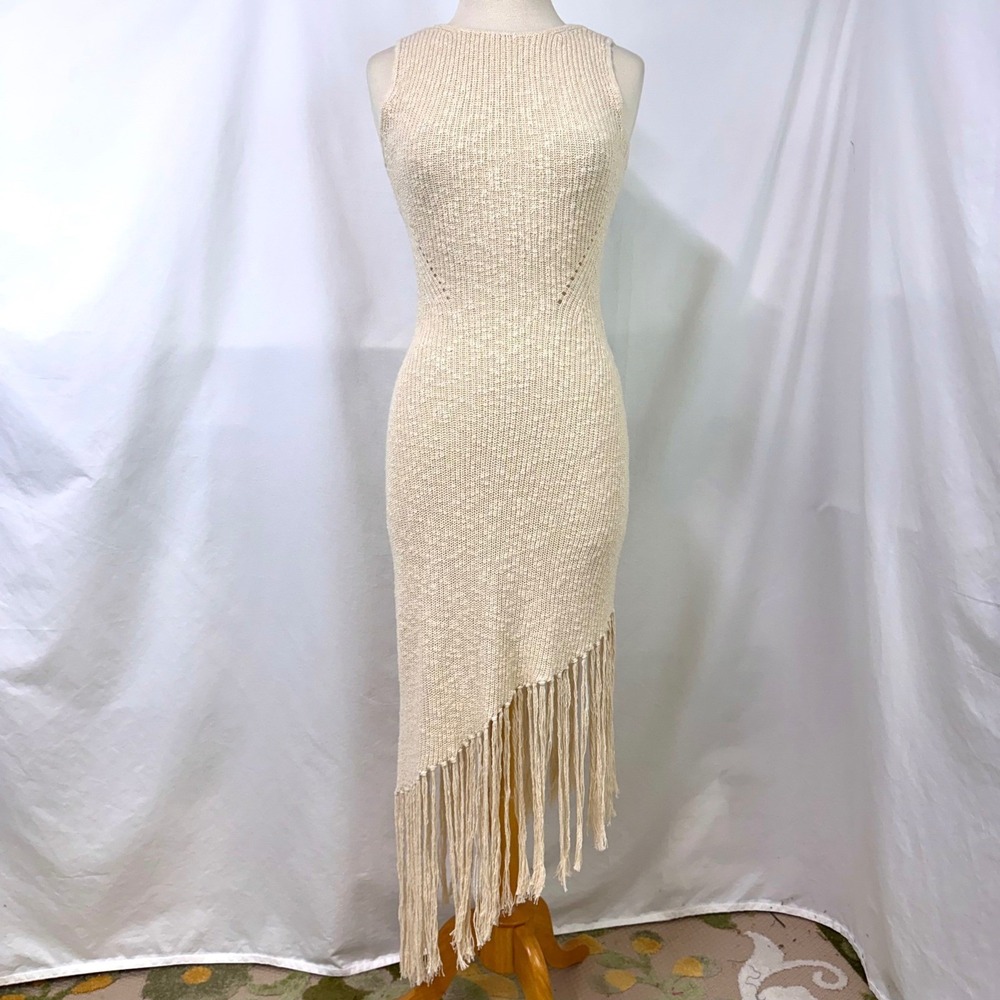RAILS NEW $258 Rylee Fringe Dress Ecru Cotton Crochet Knit Asymmetrical Midi S